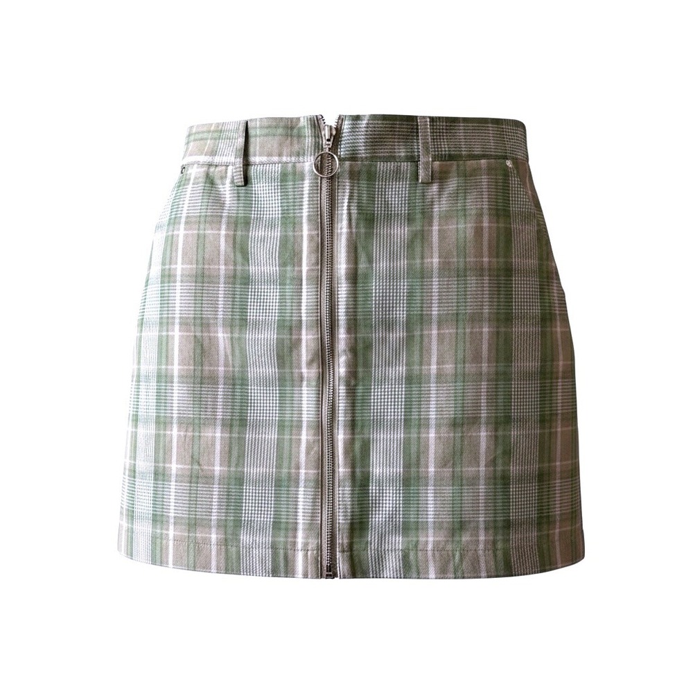 Forever 21 Green Plaid O-Ring Zip Front Mini Skirt Large L NEW Womens Summer